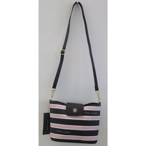 Tommy Hilfiger 69J5583 001 Pink/Black Striped PU Leather Crossbody Bag $108 - Picture 2 of 11